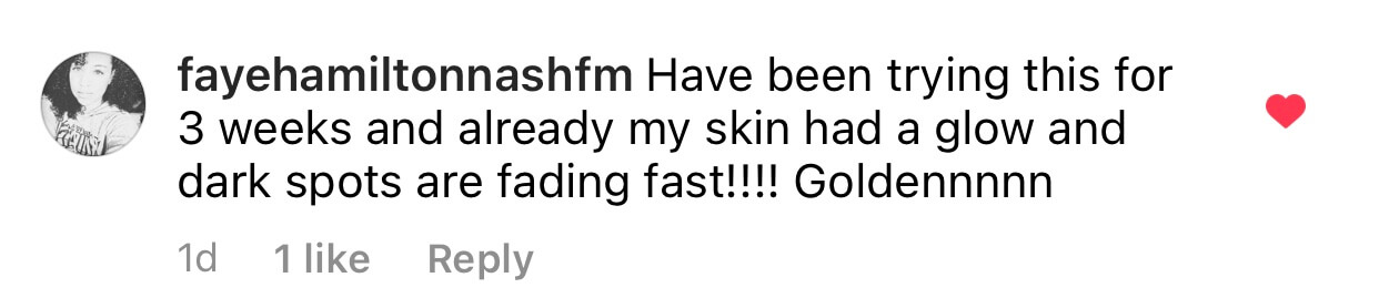 Instagram comment praising skincare results with a heart icon.