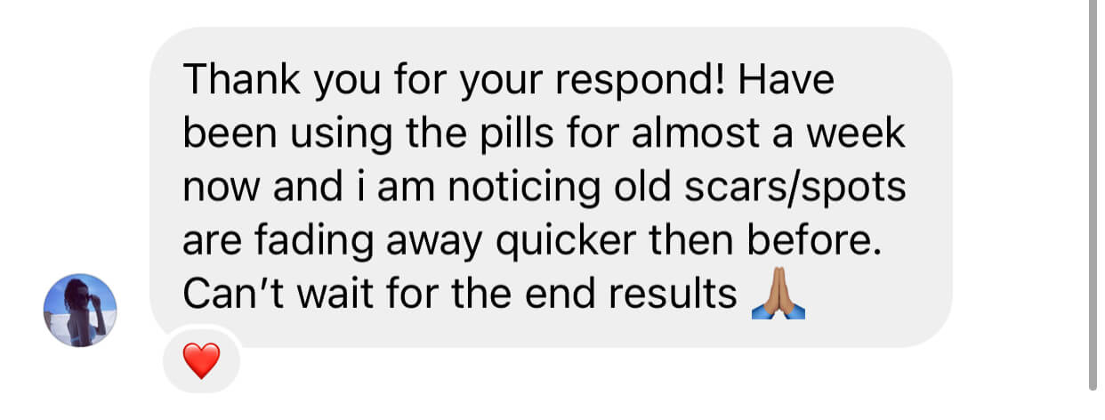 Screenshot of a message about pills improving skin scars.