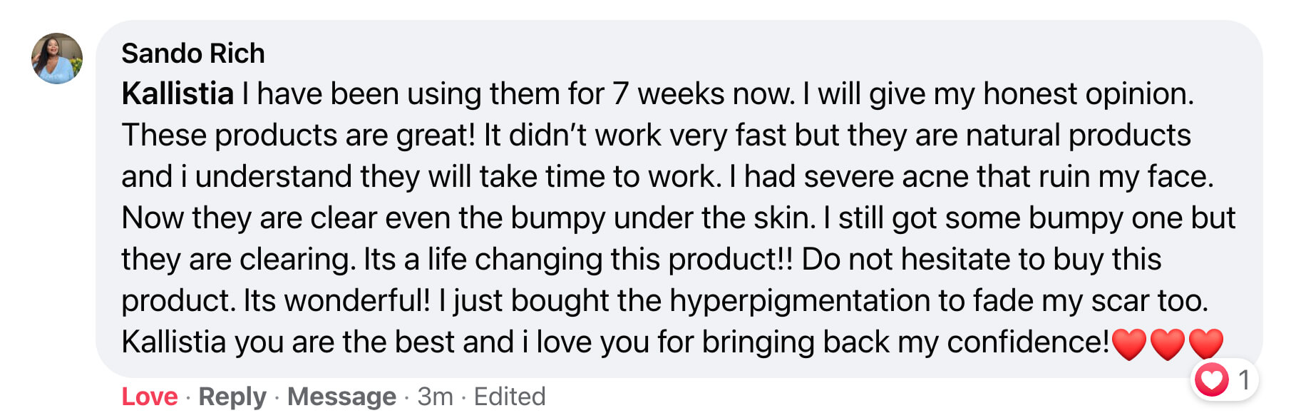 Screenshot of a Facebook comment praising skincare products.