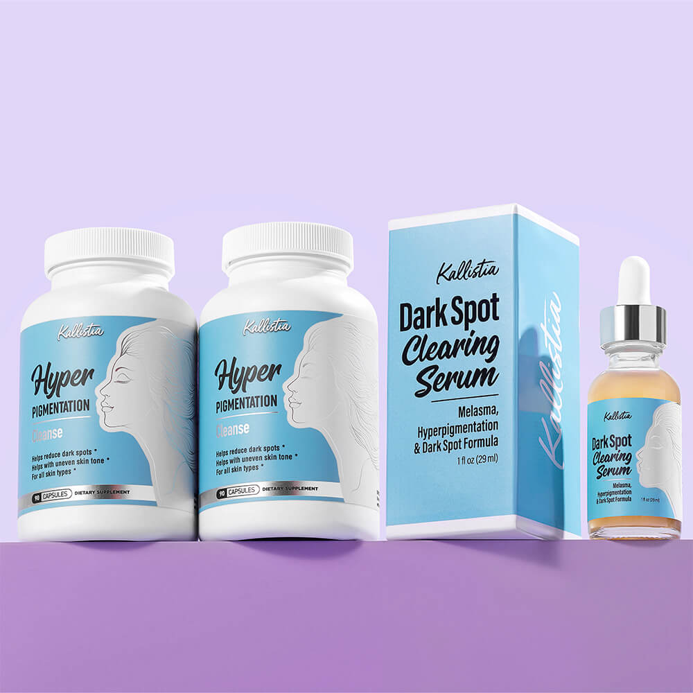 Two bottles and a serum box labeled for hyperpigmentation treatment on a purple background.