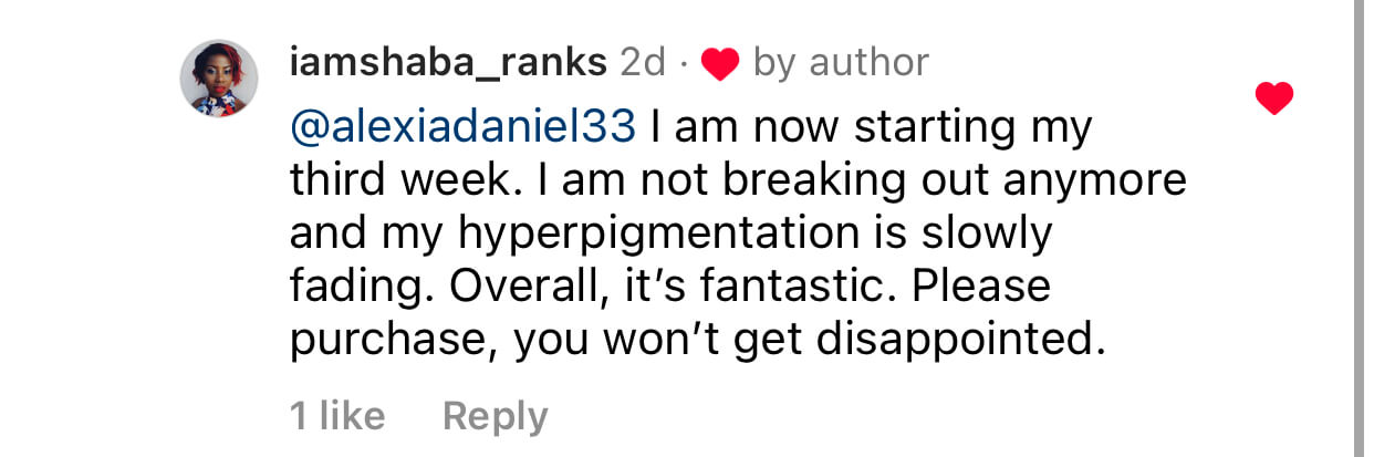 Instagram comment praising a product for improving skin condition.