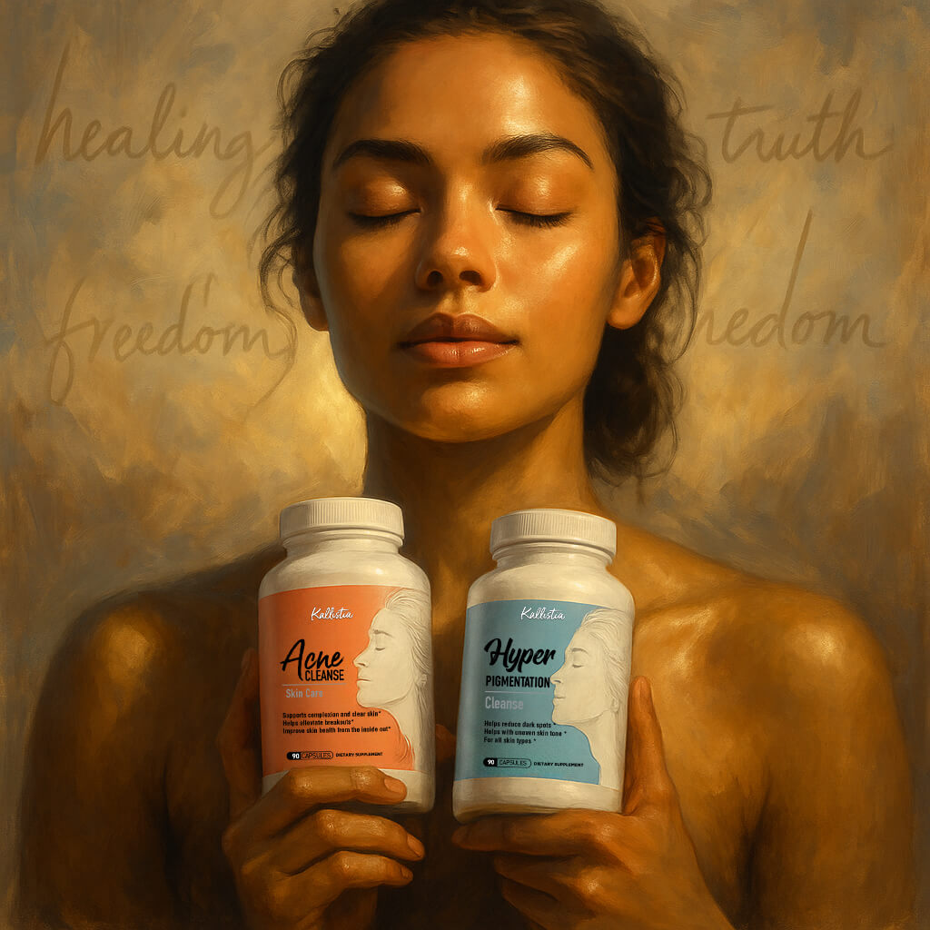 Person holding two skincare supplement bottles with eyes closed.