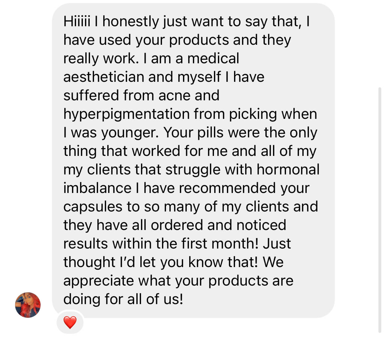Screenshot of a message praising skincare products for treating acne and hyperpigmentation.
