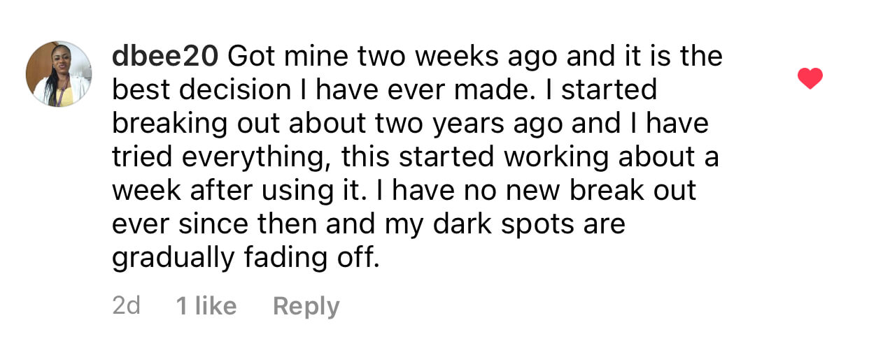 Instagram comment praising a skincare product with a profile picture and heart icon.