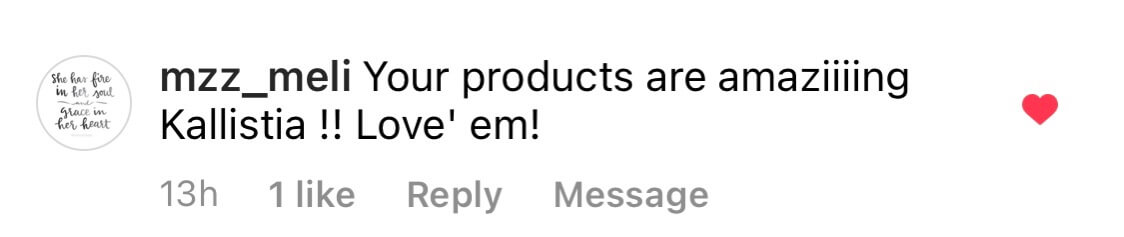 Instagram comment praising products with a heart icon.
