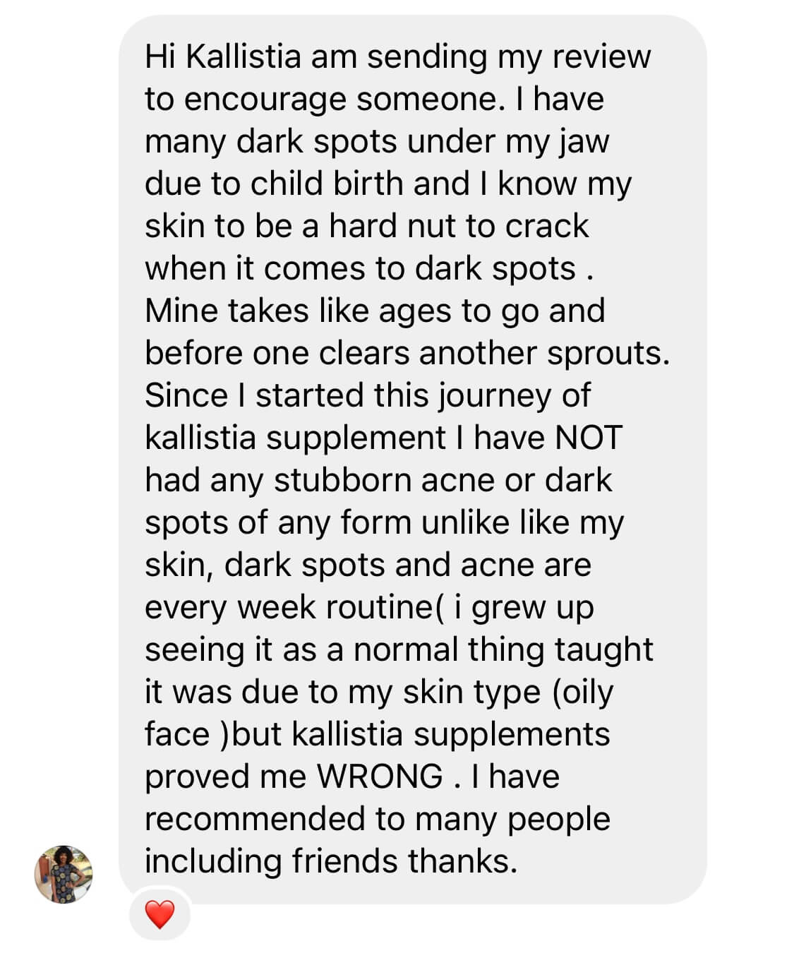 Screenshot of a text message review about a skincare supplement.