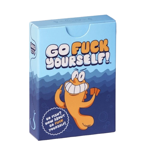 Box of cards titled 'Go Fuck Yourself' featuring a cartoon fish.