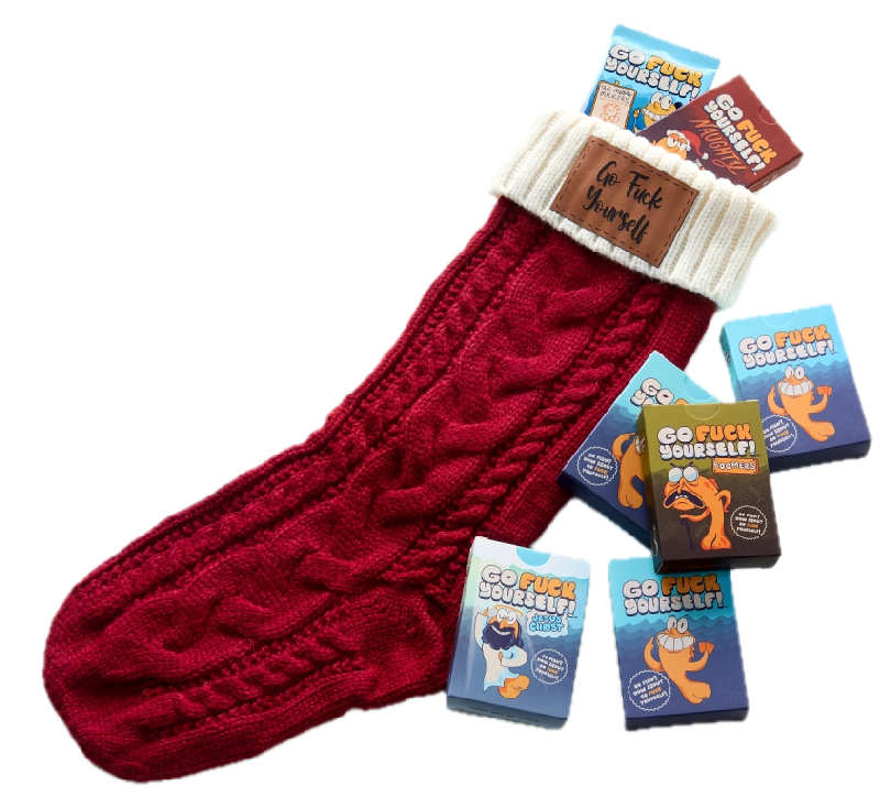 Red knit stocking with several comedic card games.