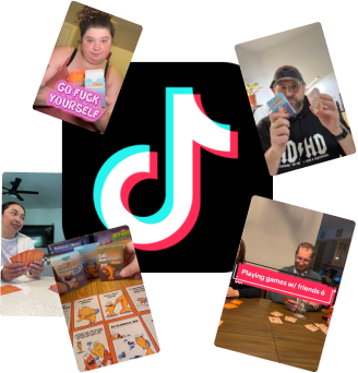 Collage of people playing card games around a central TikTok logo.