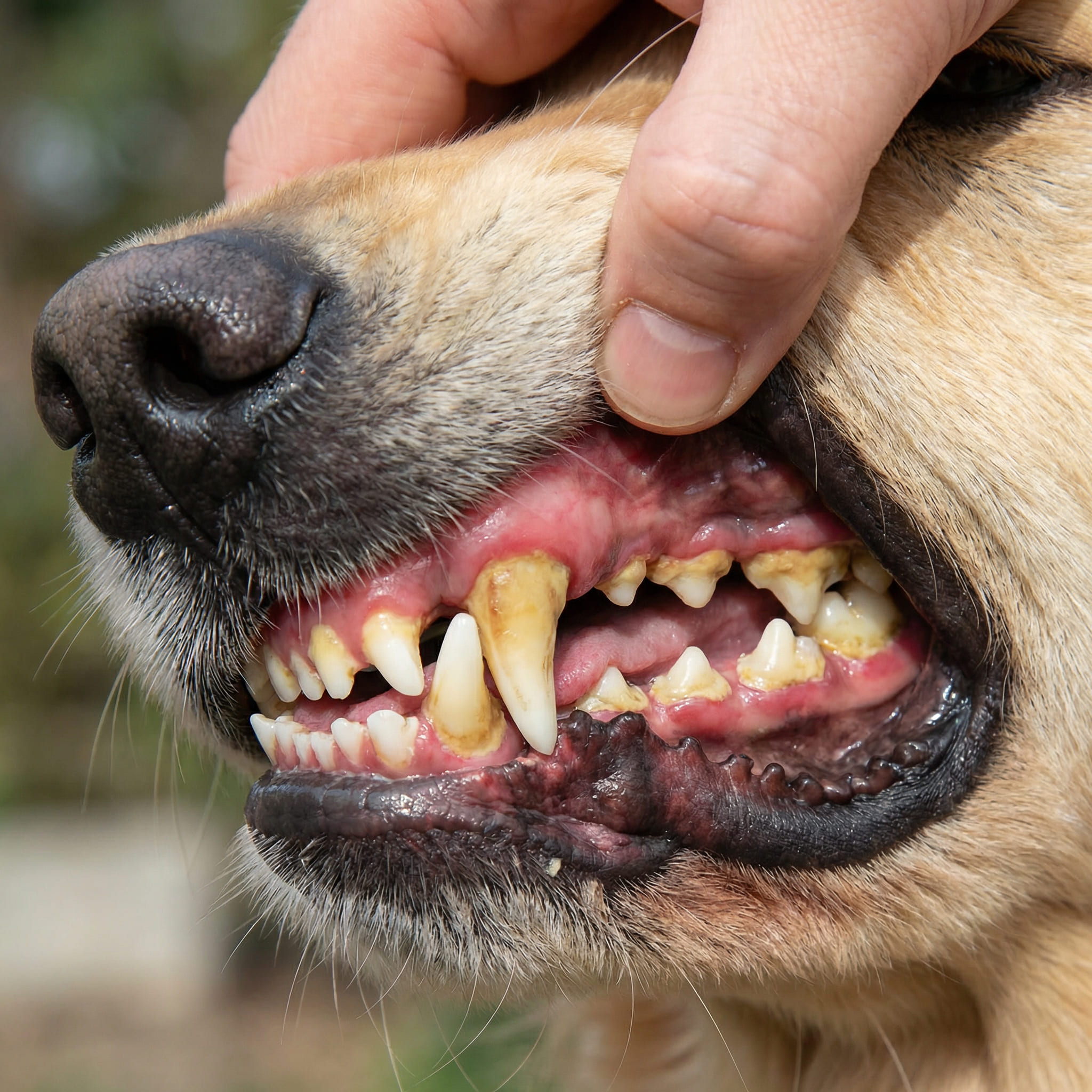 A person's hand lifting a dog's lip to show its teeth with severe plaque and tartar buildup.