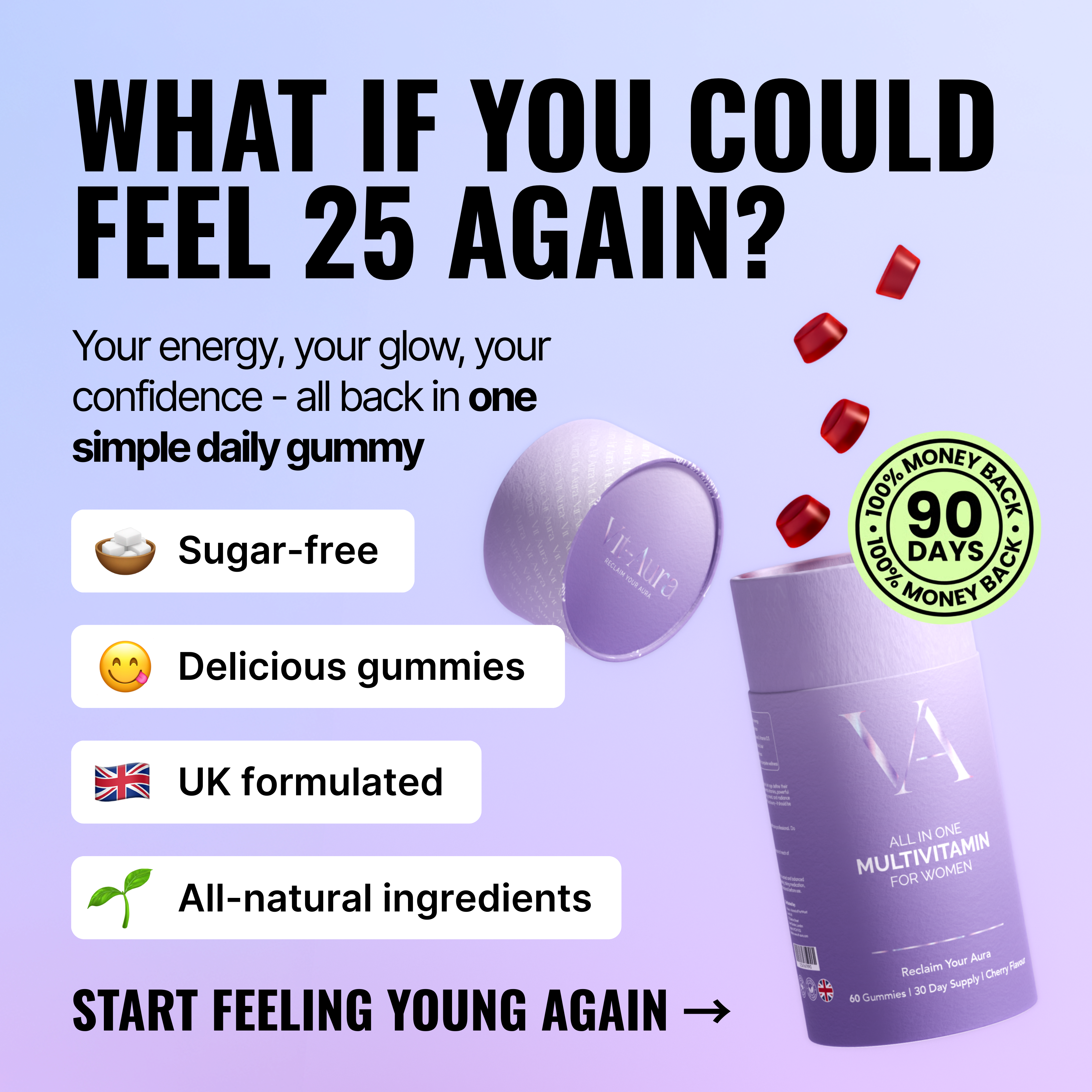 Advertisement for multivitamin gummies with text and images of packaging and features.