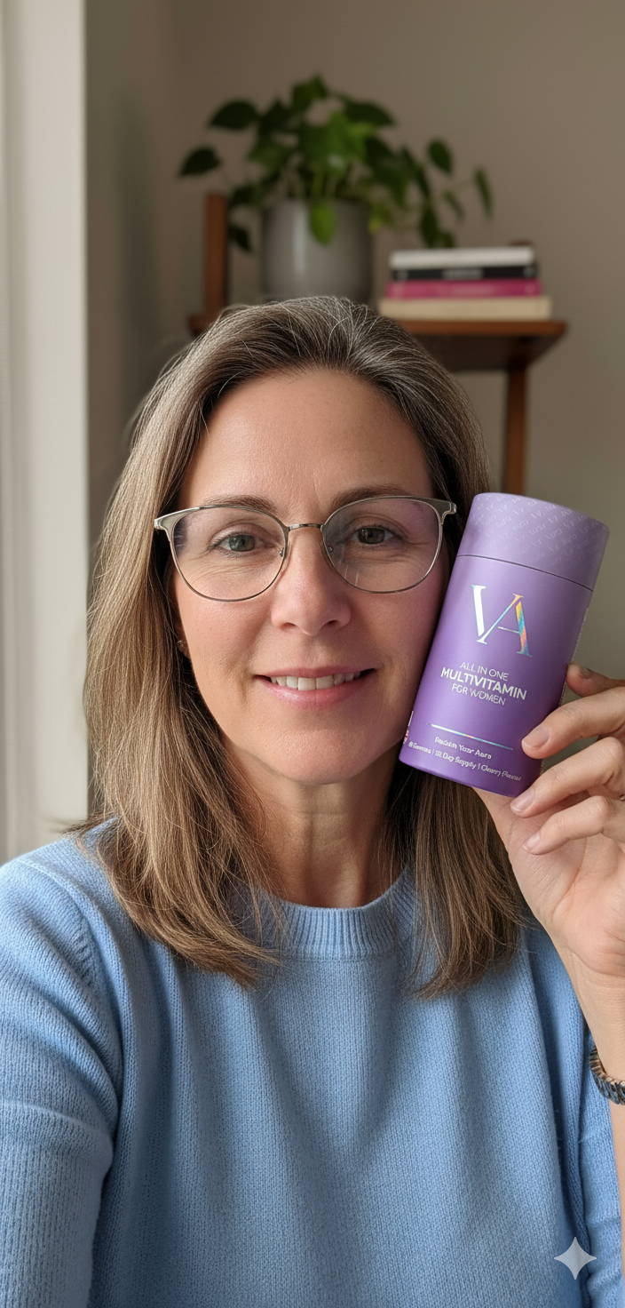 Person holding a purple multivitamin container, smiling in a cozy setting.