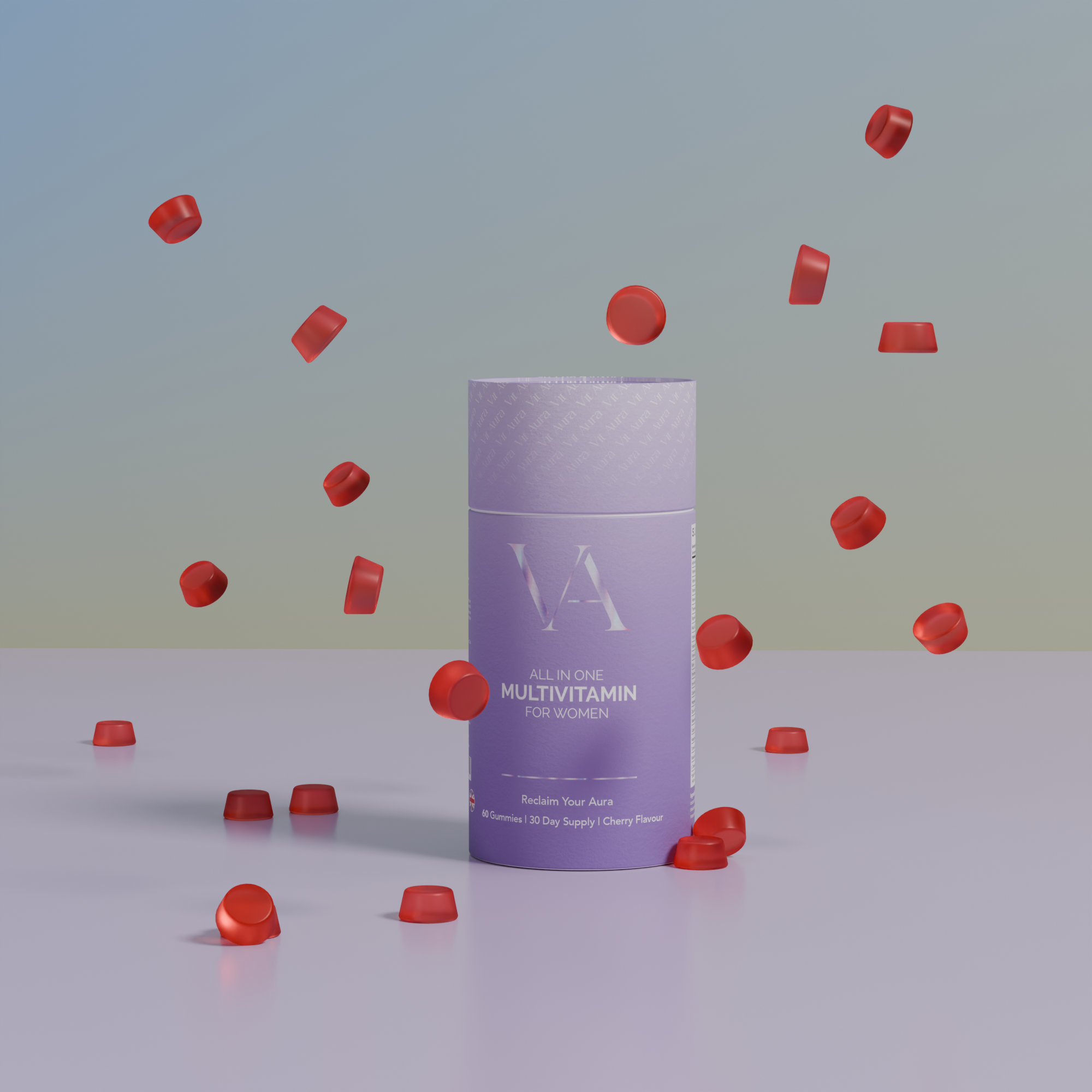 Purple multivitamin container with red gummies scattered around on a gradient background.