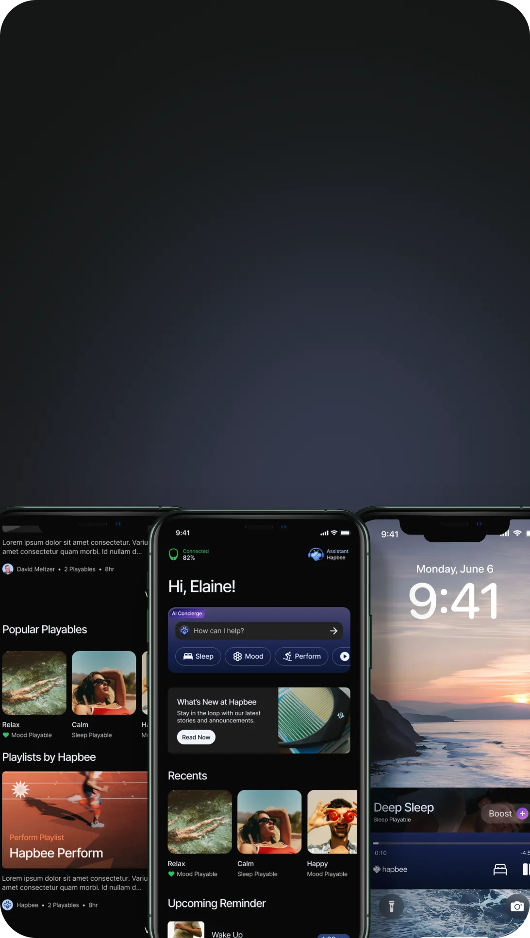 Three smartphone screens displaying relaxation and sleep apps with scenic background.