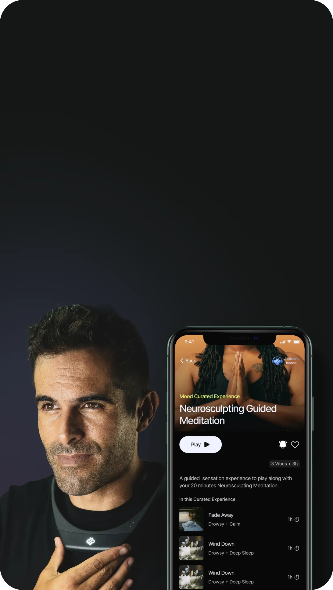 A man with a wearable device next to a smartphone displaying a meditation app.