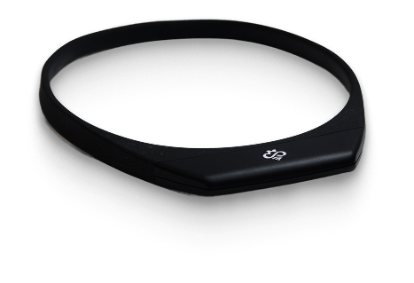 Black fitness tracker band with logo, isolated on white background.