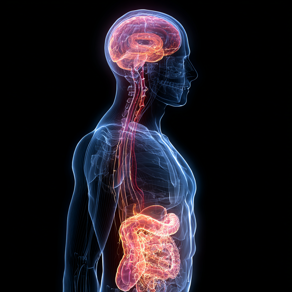 Transparent anatomical side view showing brain, spine, and digestive system.