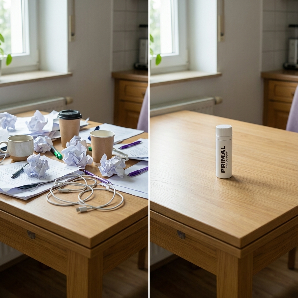 Two images of a wooden table: one cluttered, one with a single bottle.