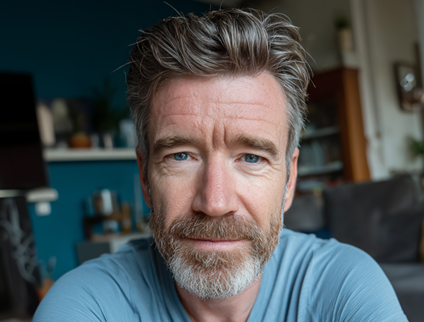 Man with beard and blue shirt indoors with a blurred background.