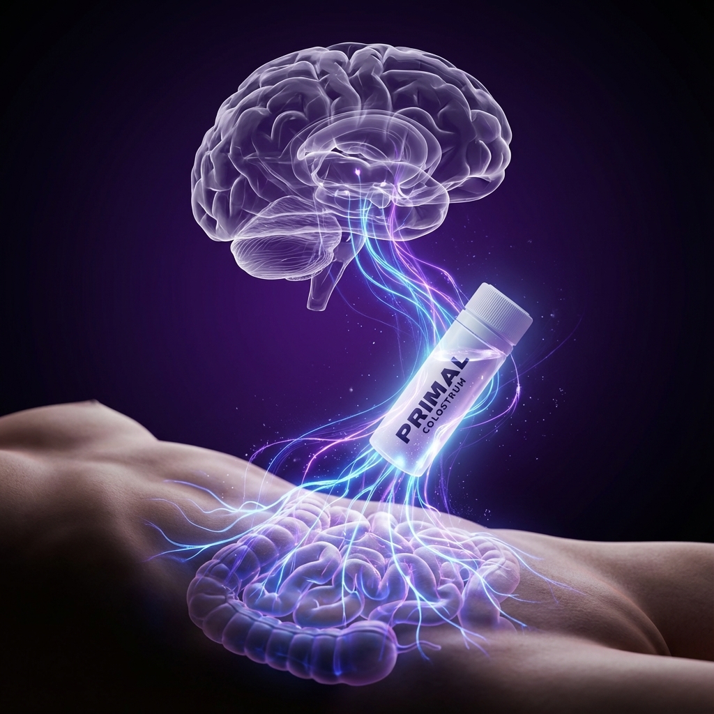 Illustration of a brain, digestive system, and a colostrum supplement bottle with glowing lines.