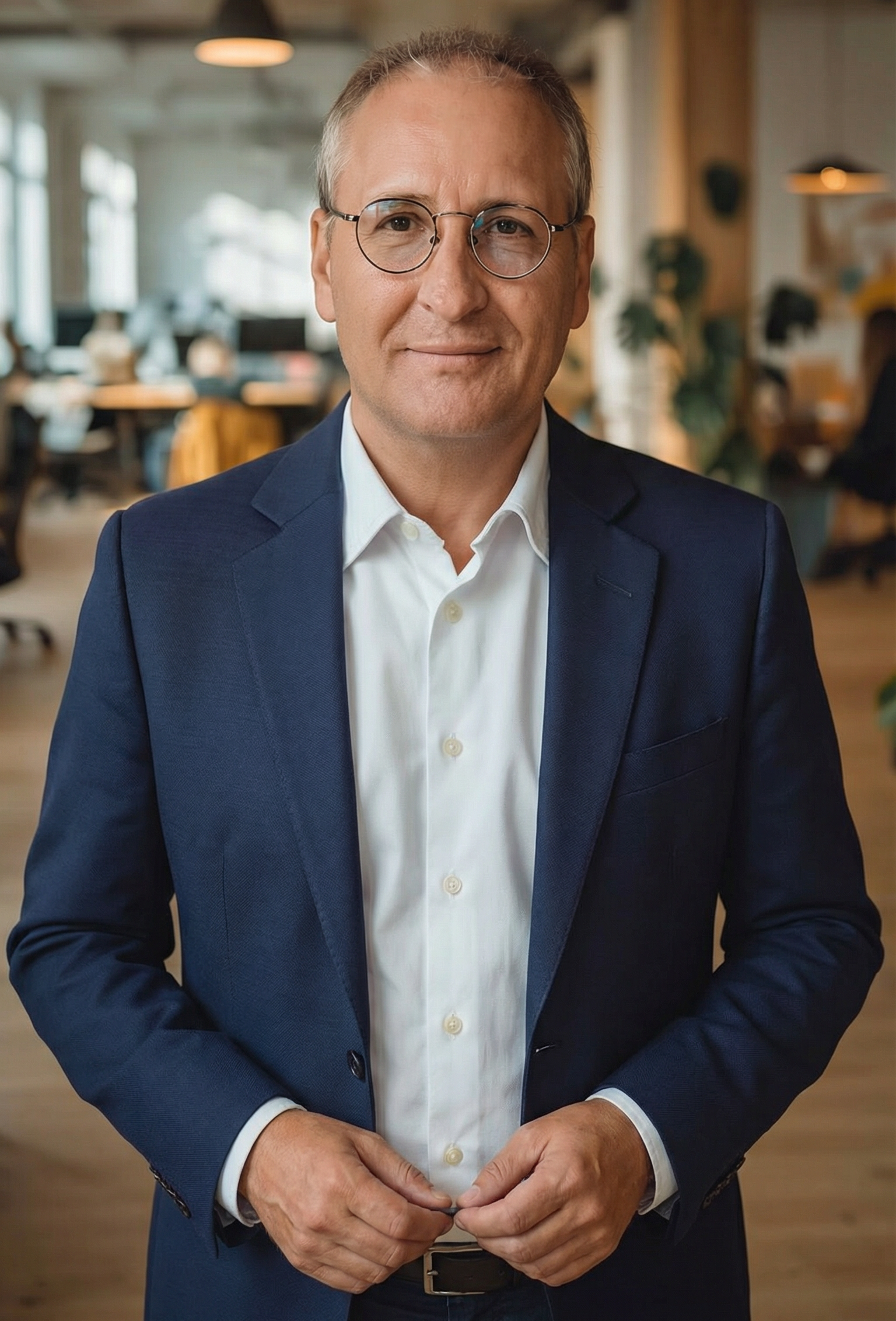 A man with glasses wearing a white shirt and blue blazer, standing in a modern office.