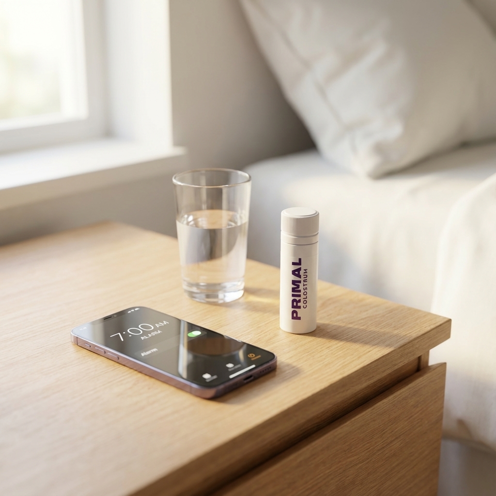 Smartphone, glass of water, and bottle on a wooden bedside table.