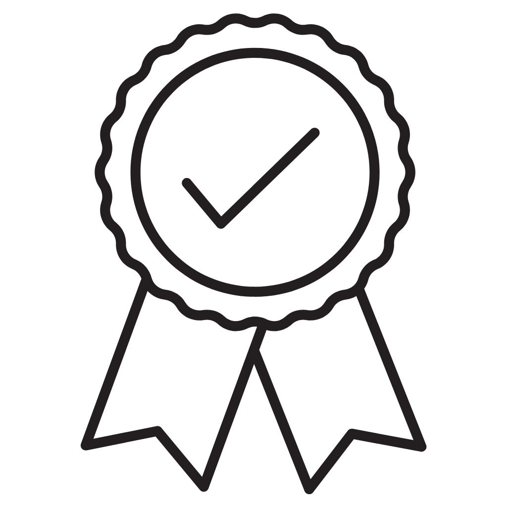 Outline of a badge with a checkmark inside, over a shield.