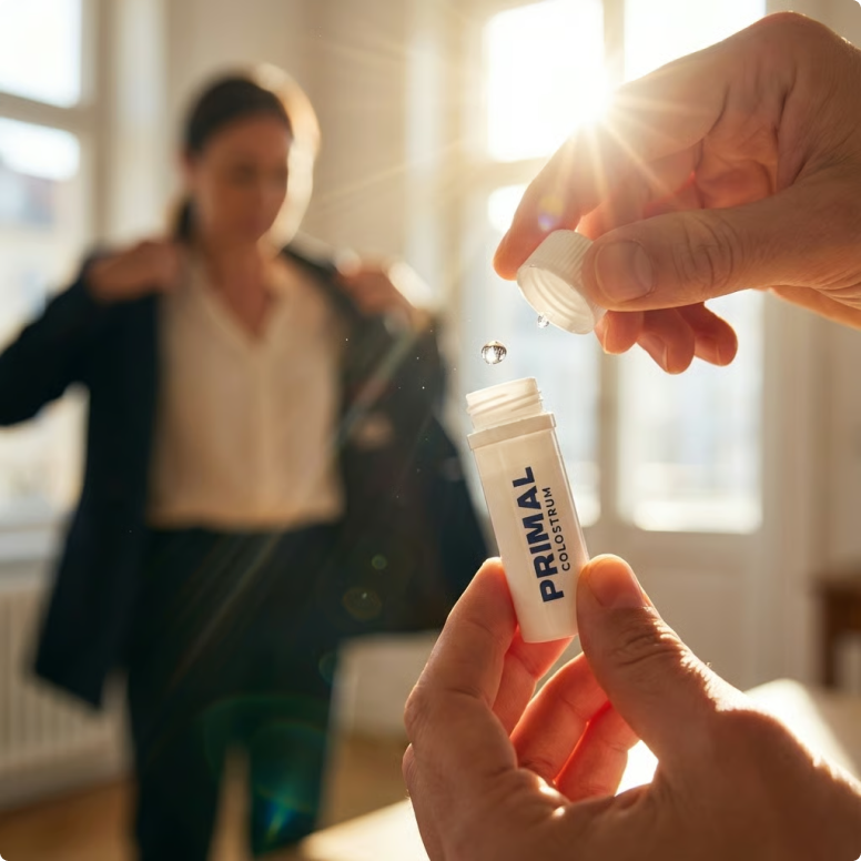 Close-up of hands opening a container labeled 'Primal Colostrum' in a sunlit room.