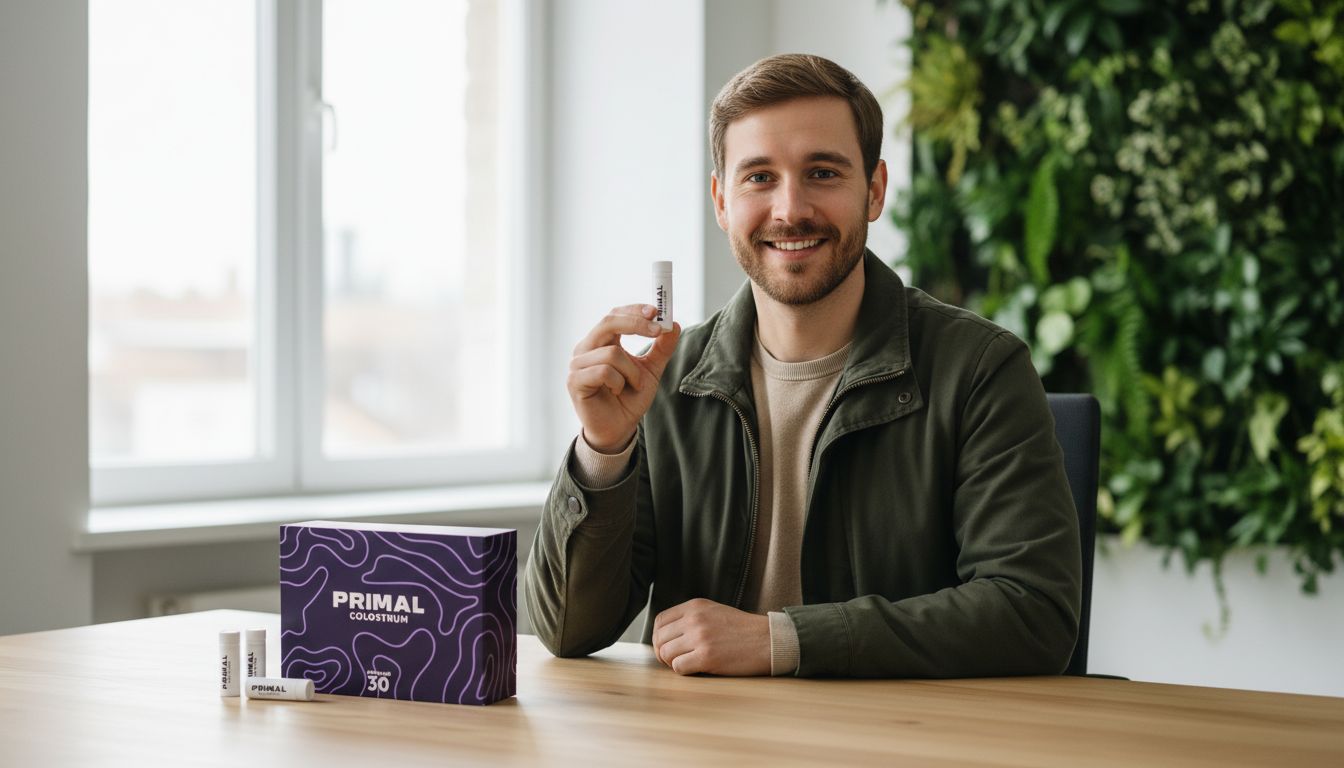 Person holding a small product tube near a Primal Colostrum box on a table.