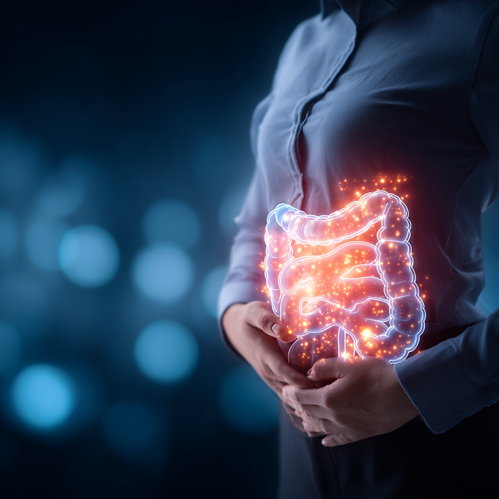 Person holding glowing digital representation of intestines on a blurred blue background.