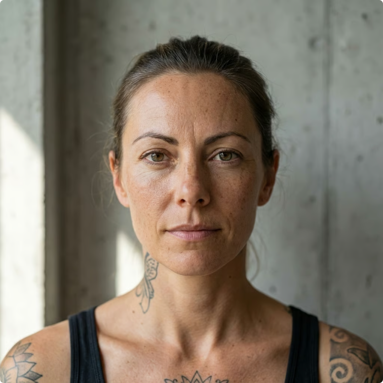 A woman with tattoos, wearing a black tank top against a concrete wall.