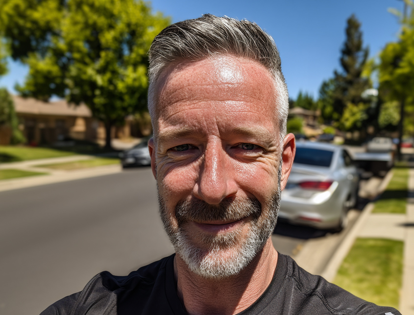 Man with greying hair smiling outdoors on a sunny street.