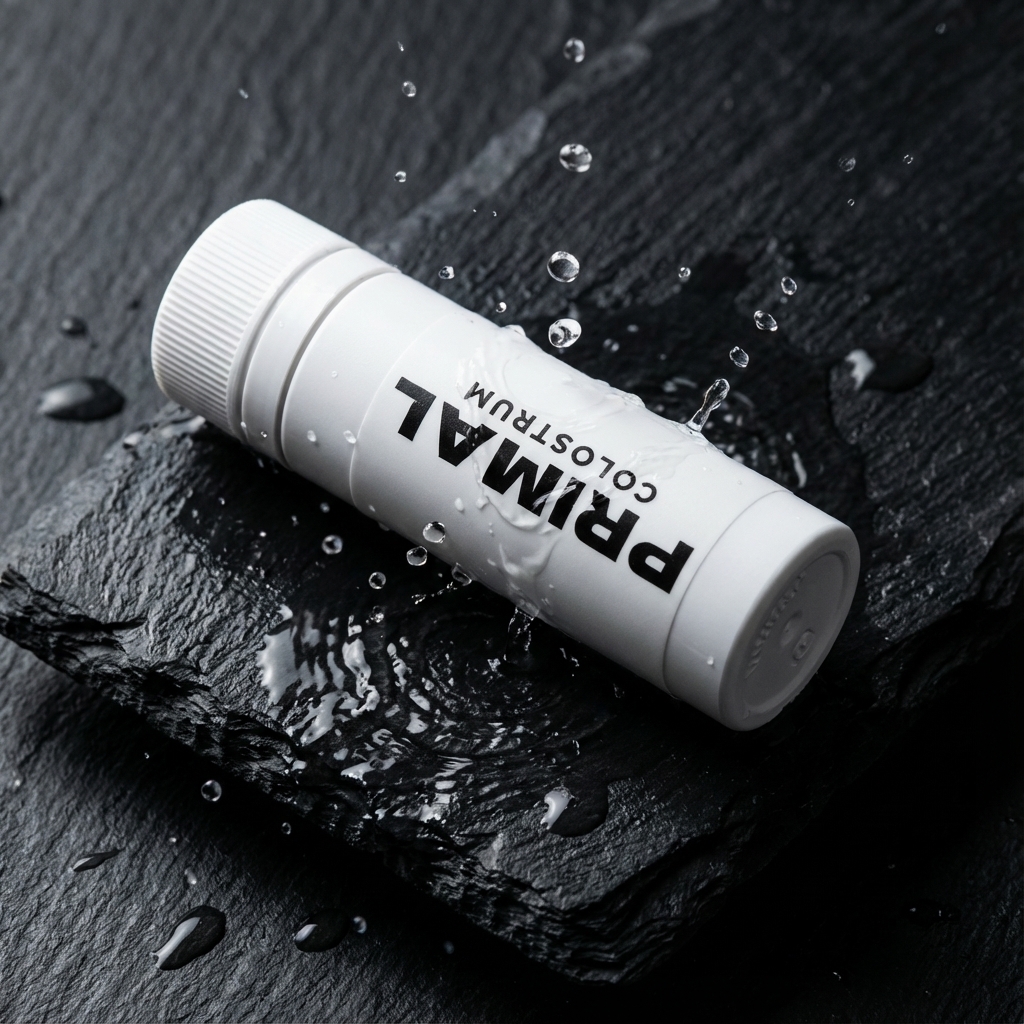 White bottle labeled 'Primal Colostrum' on wet, black stone surface.