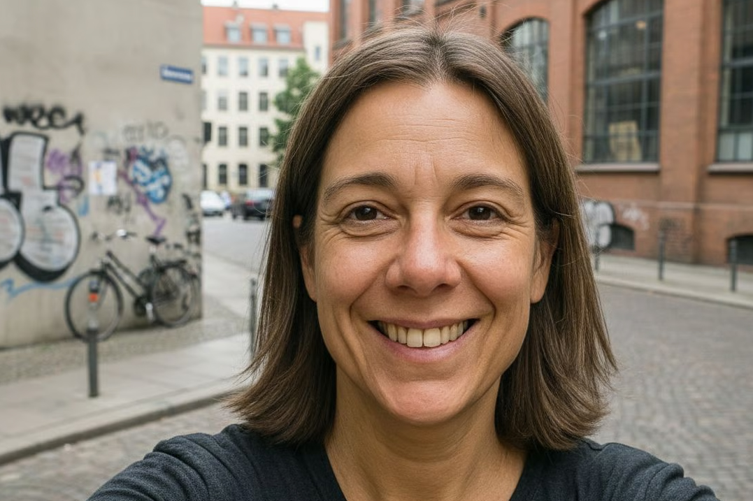 Person smiling in an urban area with graffiti and brick buildings.