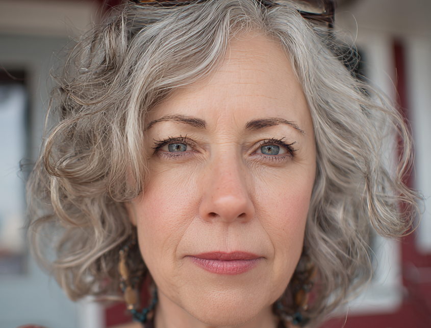 Close-up of a person with curly gray hair and a neutral expression.
