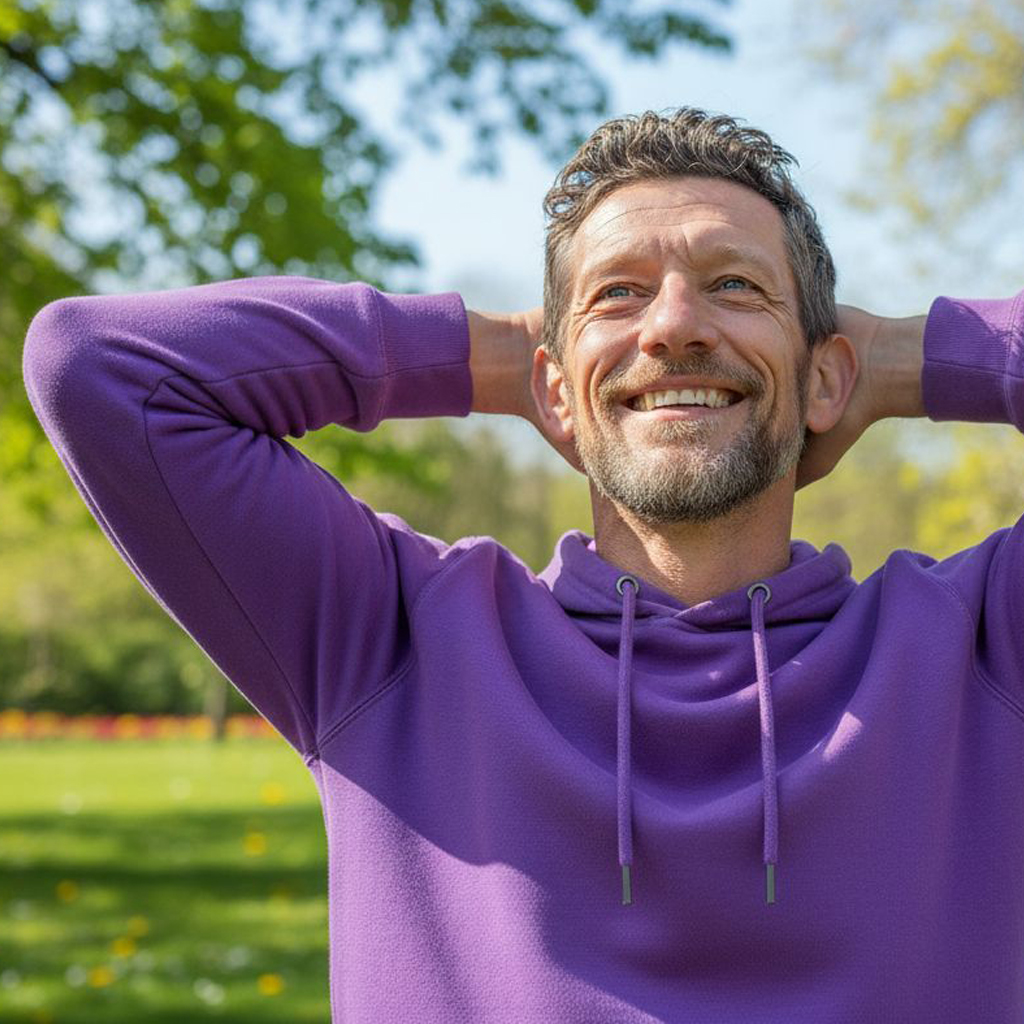 Man in purple hoodie smiling outdoors with hands behind head.