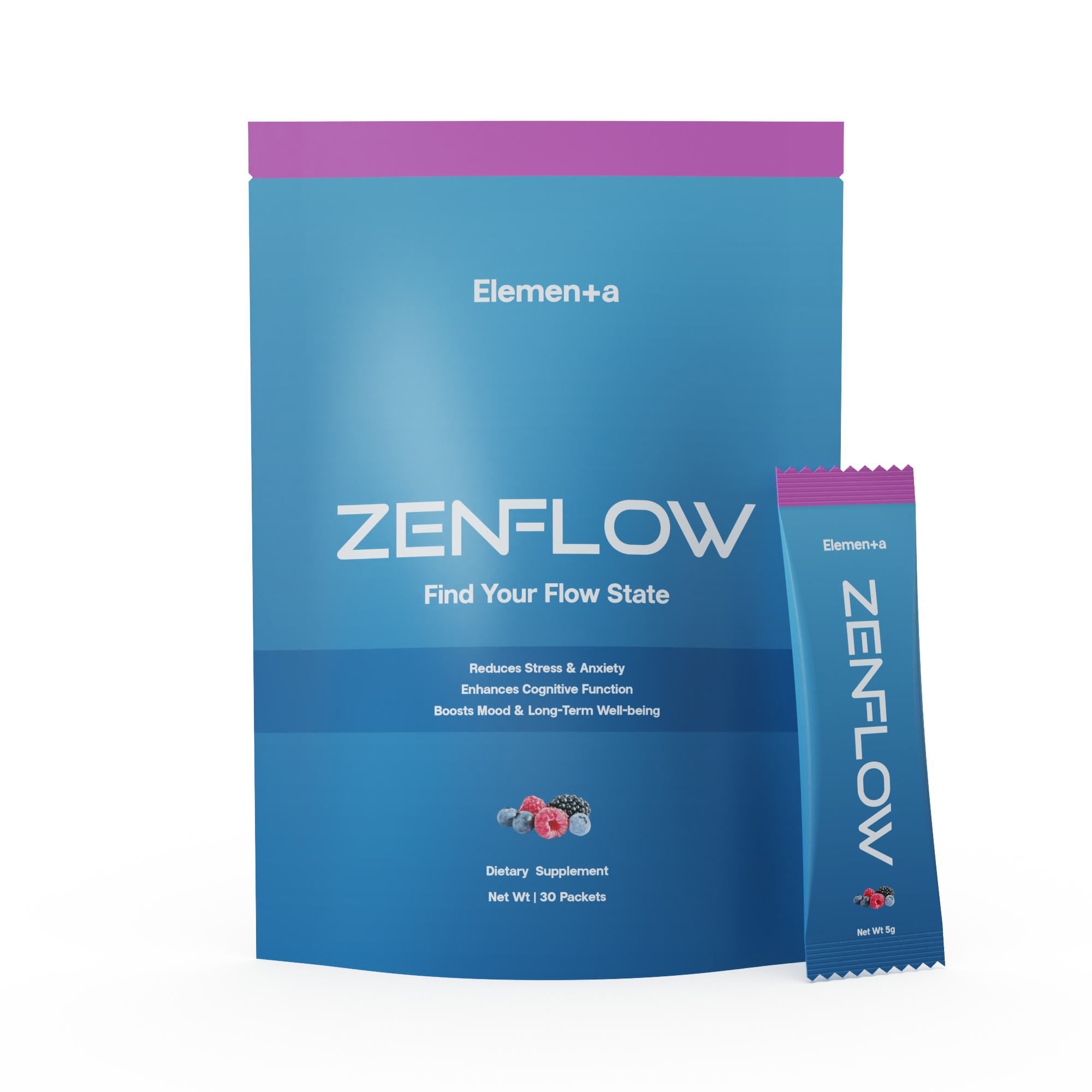 Blue and purple Zenflow supplement packaging with berries illustration.