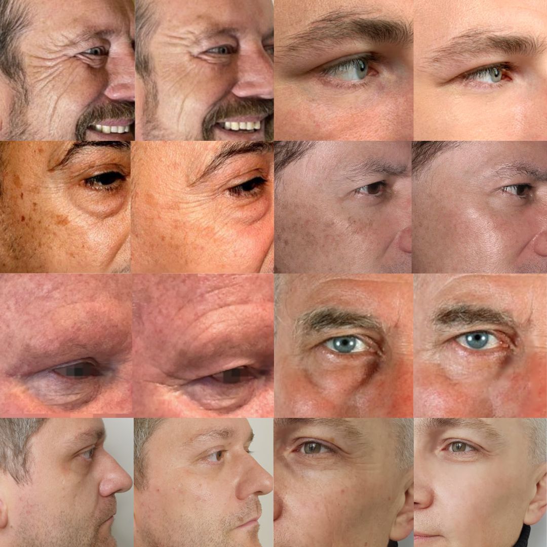 Collage of close-up images of men's eyes and side profiles.