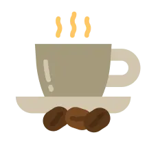 Illustration of a steaming coffee cup with coffee beans on a saucer.