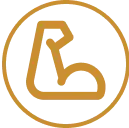 Orange outline of a flexed bicep inside a circle on a transparent background.
