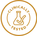 Orange circle with a flask and checkmark, labeled 'Clinically Tested.'