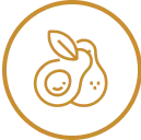 Outline of an avocado and pear inside a circular border.
