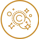 Orange copyright symbol with decorative stars and circles.