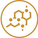 Orange chemical structure icon inside a circle on a transparent background.