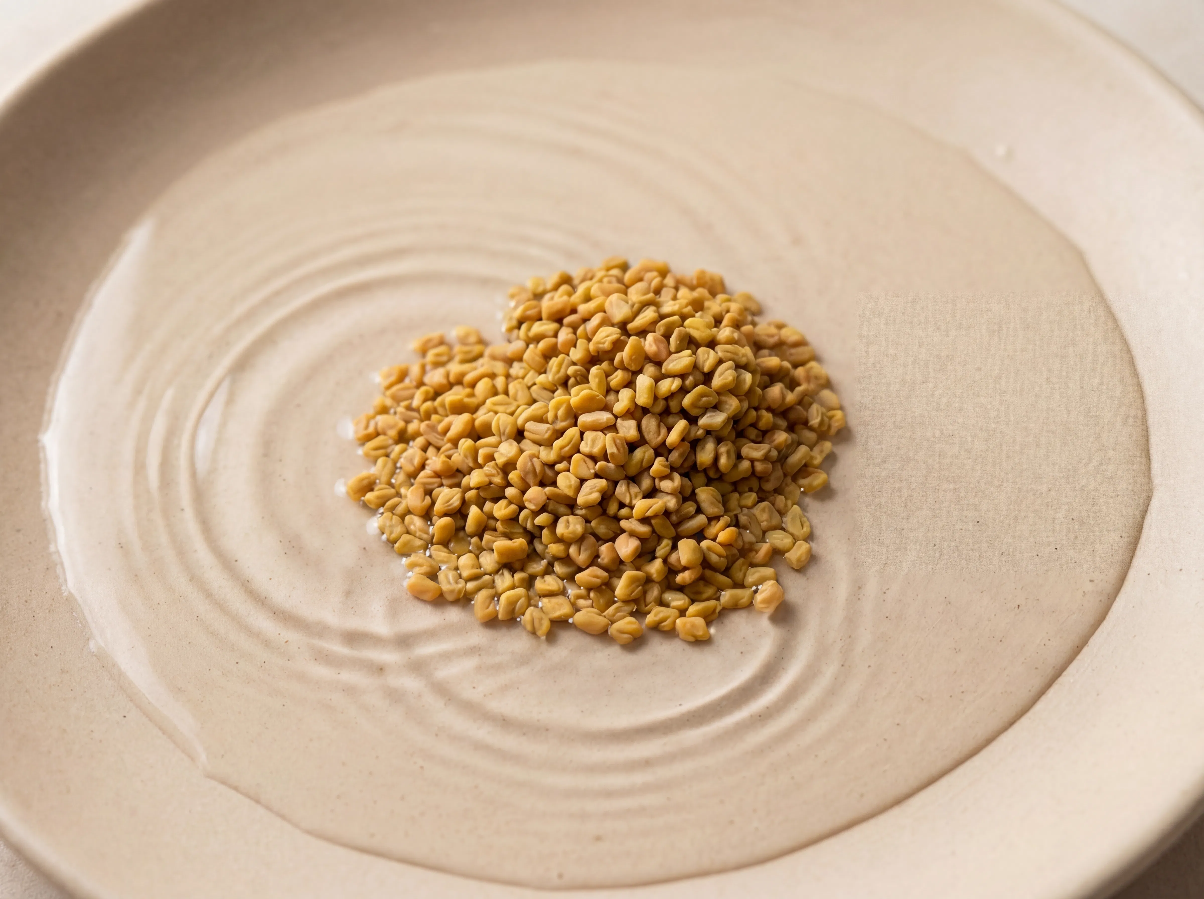 Pile of yellow seeds on a beige plate with liquid.