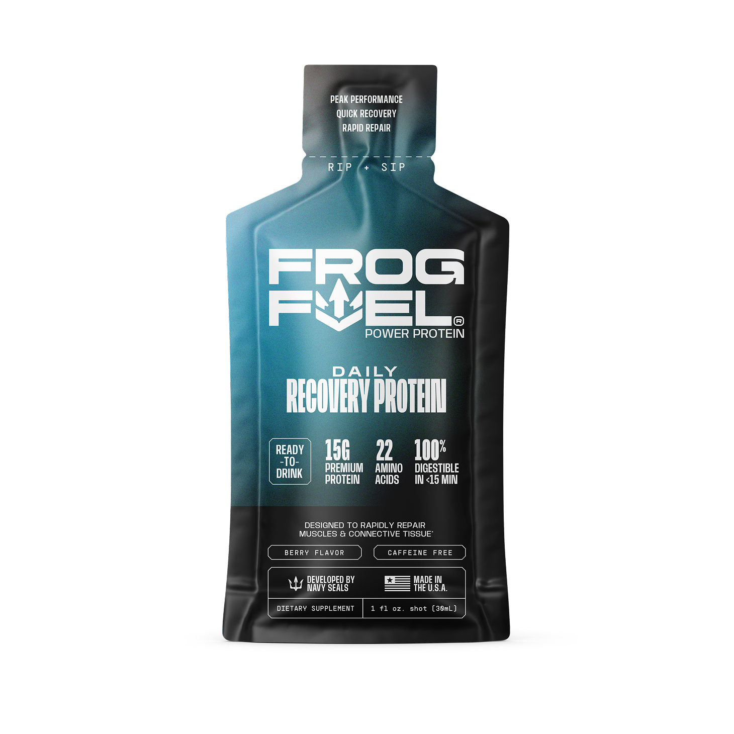 A single-serving pouch of Frog Fuel Daily Recovery Protein, a berry-flavored supplement shot against a white background.