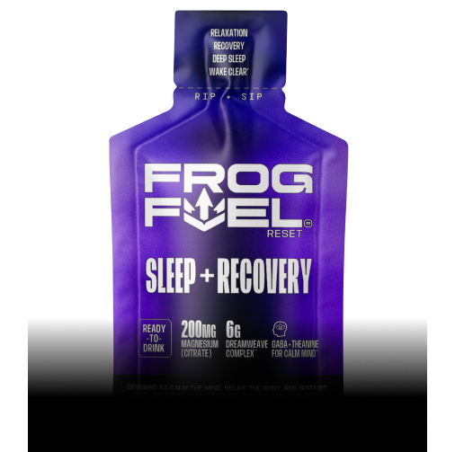 A purple packet of Frog Fuel Reset Sleep + Recovery supplement on a white and black background.