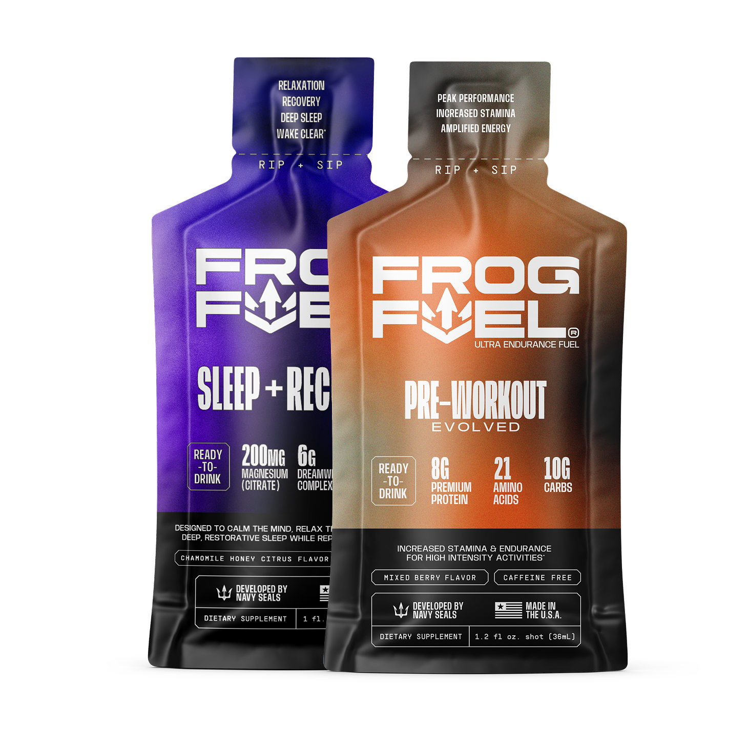 A purple and black pouch of Frog Fuel Reset Sleep + Recovery dietary supplement shot on a white background.