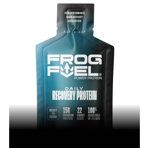 A blue and black single-serving pouch of Frog Fuel Daily Recovery Protein against a white background.