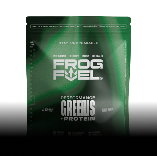 A green pouch of Frog Fuel Performance Greens + Protein powder on a dark background.